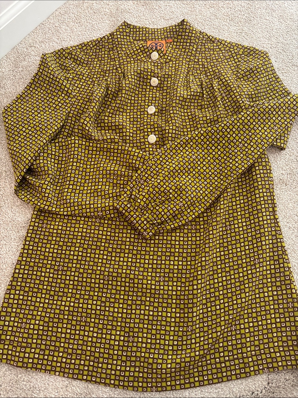 Beautiful Silk Tory Burch Olive and Brown logo silk Button-Front Blouse. Size 2.